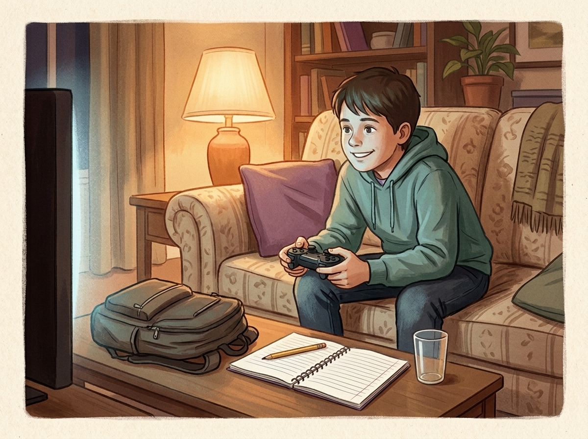 The same kid later that evening, relaxed and happy, controller earned after the homework is done