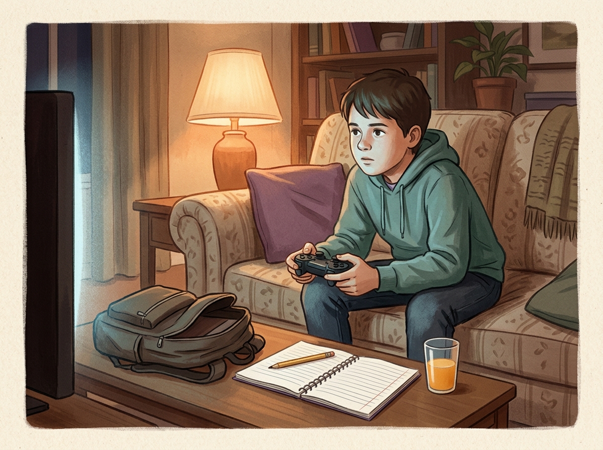 A kid on the couch at 7pm, controller in hand, homework still untouched on the table